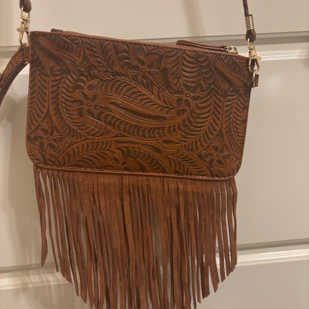 Brown Faux Leather Wristlet/Shoulder Bag – Paisley Embossed, Fringe Detail, Like